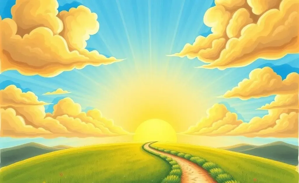 An illustrated path leading towards a horizon with bright skies, symbolizing the journey to financial freedom.