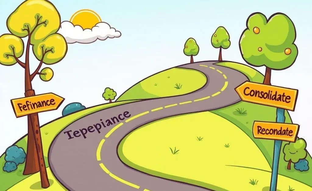 A road labeled 'Financial Freedom' with signs for 'Refinance'