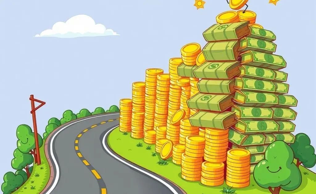A road turning into piles of money, symbolizing savings from refinancing
