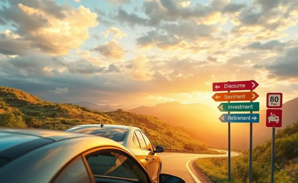 Artistic view of a car on a road with signs pointing to different savings options.