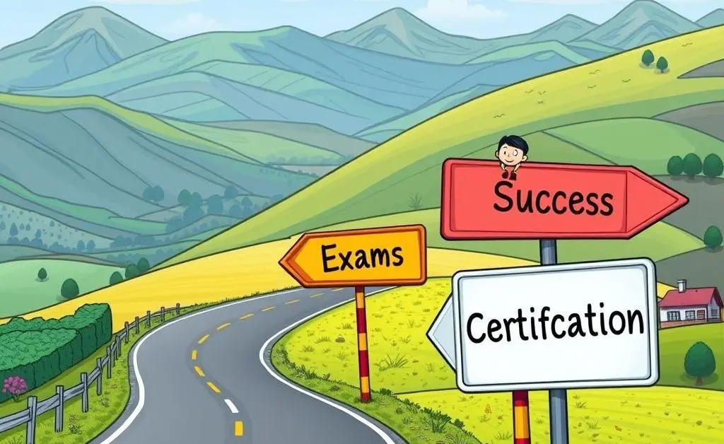 Cartoon-style signs on a winding road pointing towards success, exams, and certification.