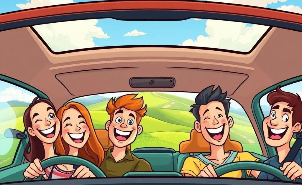 A group of friends in a car on a road trip, looking happy