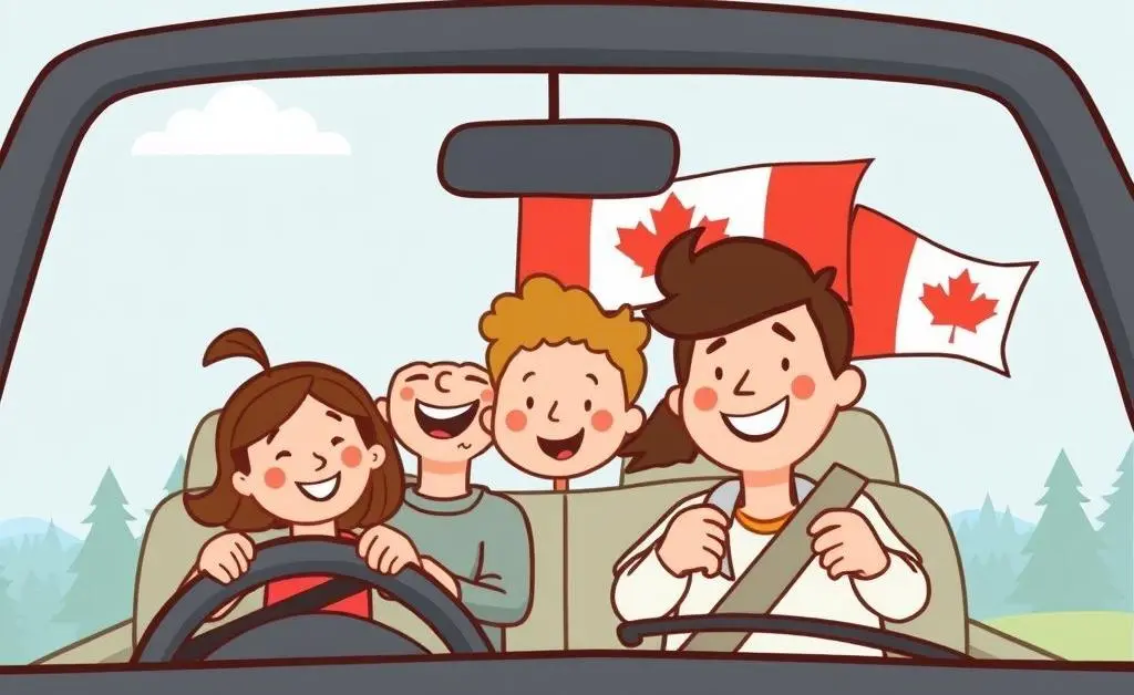A family on a fun road trip driving a car with a Canadian flag.
