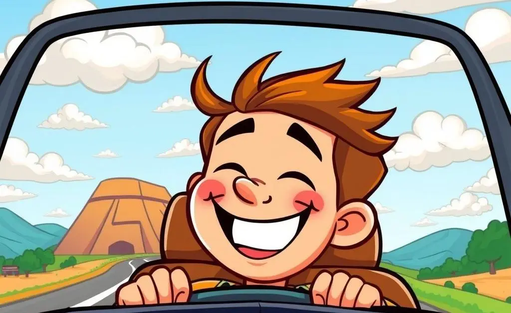 Happy person on a road trip, driving with a smile
