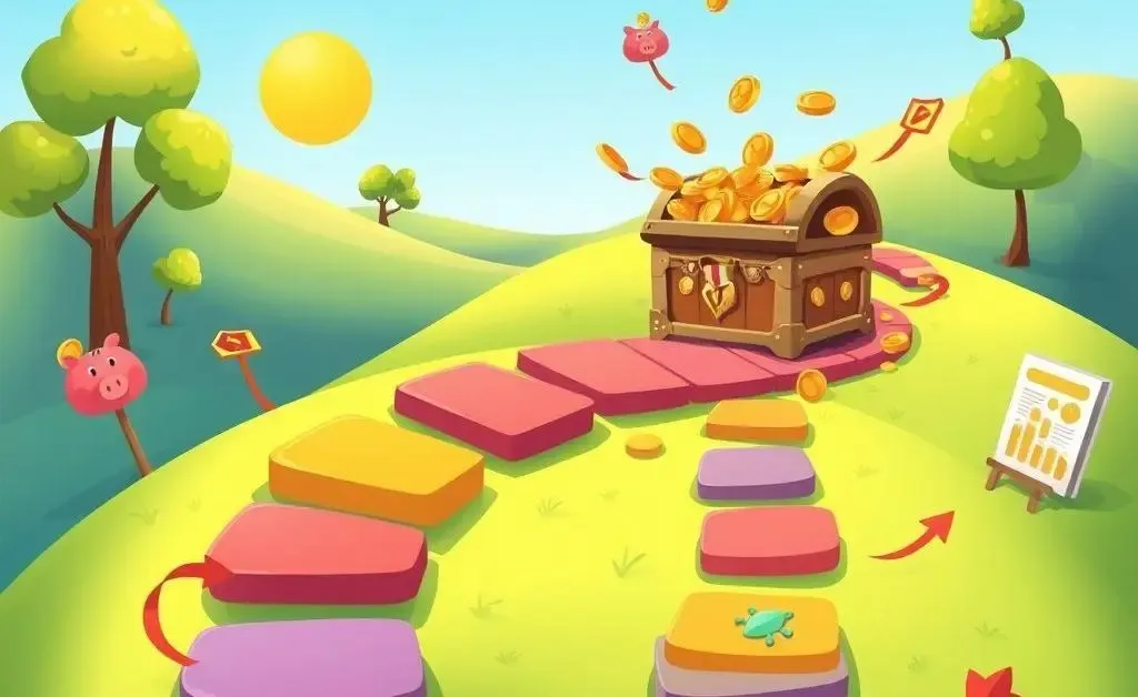 A cartoon-style roadmap illustrating stepping stones towards financial goals.