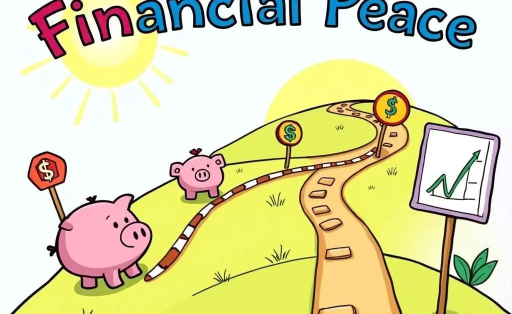 A roadmap to financial peace with budgeting, saving, and investing markers.
