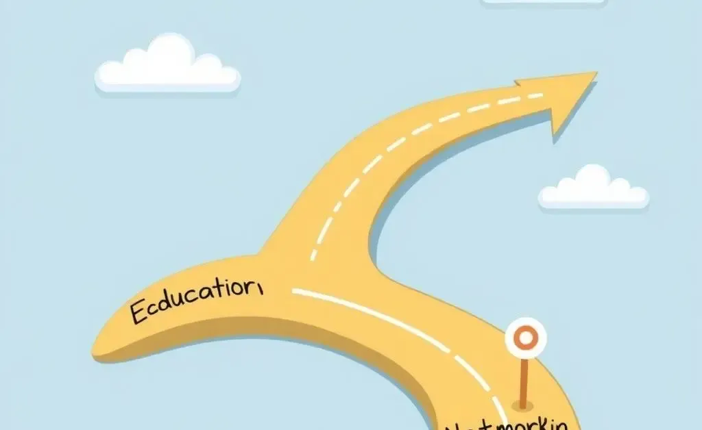 A cartoon-style roadmap with milestones labeled 'Education', 'License' and 'Networking'.
