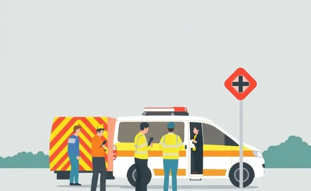 Minimalist illustration of a roadside emergency scene with people discussing