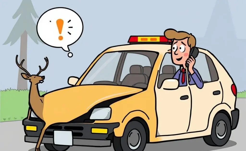 Cartoon illustration of a person calling roadside assistance with a visible damaged car after hitting a deer.