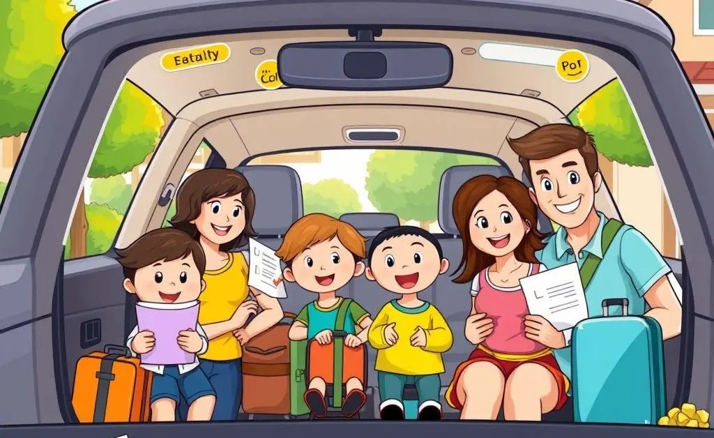 Cartoon family preparing for a road trip, highlighting car safety and insurance