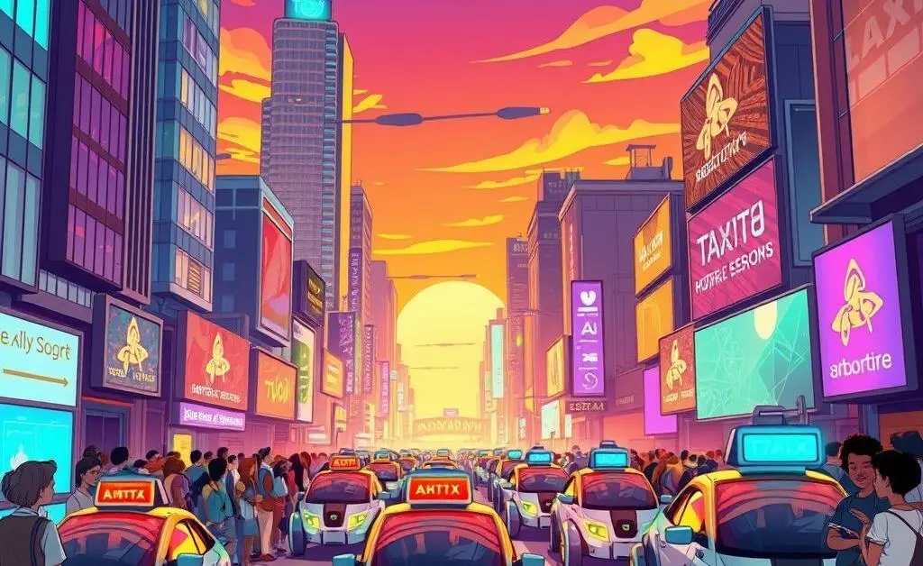 Cartoon-style image of a busy city street with robotaxis picking up passengers.