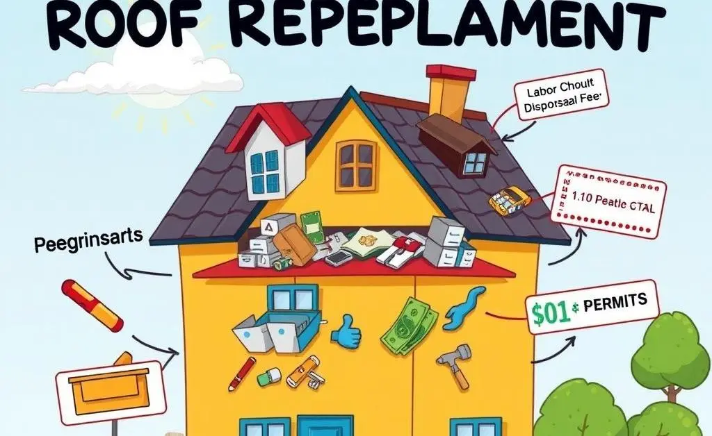 A cartoon-style image showing different cost factors of roof replacement