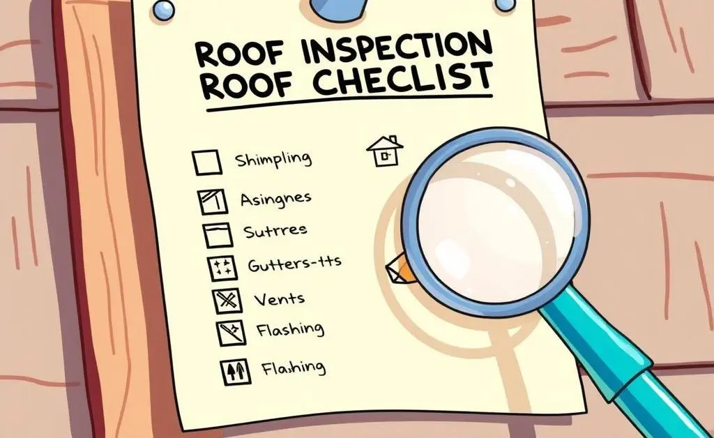 Cartoon-style image of a roof inspection checklist with a magnifying glass.