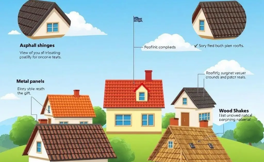 Illustration comparing different roofing materials with pros and cons