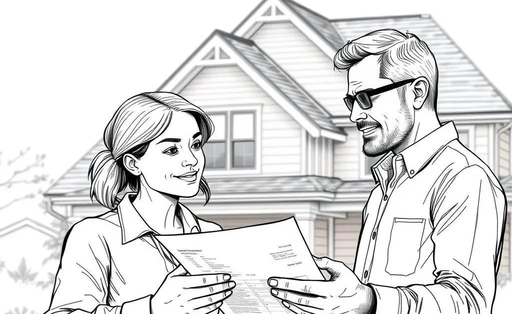 A hand-drawn image of two people discussing a roofing estimate with a house in the background.