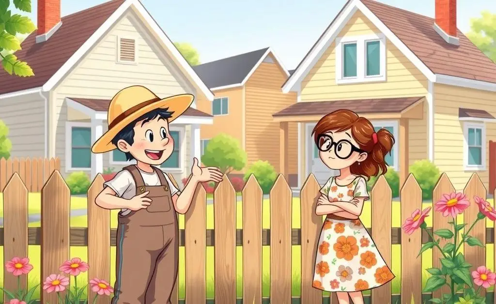 Two cartoon characters, representing neighbors, discussing the change in roofline over a fence.