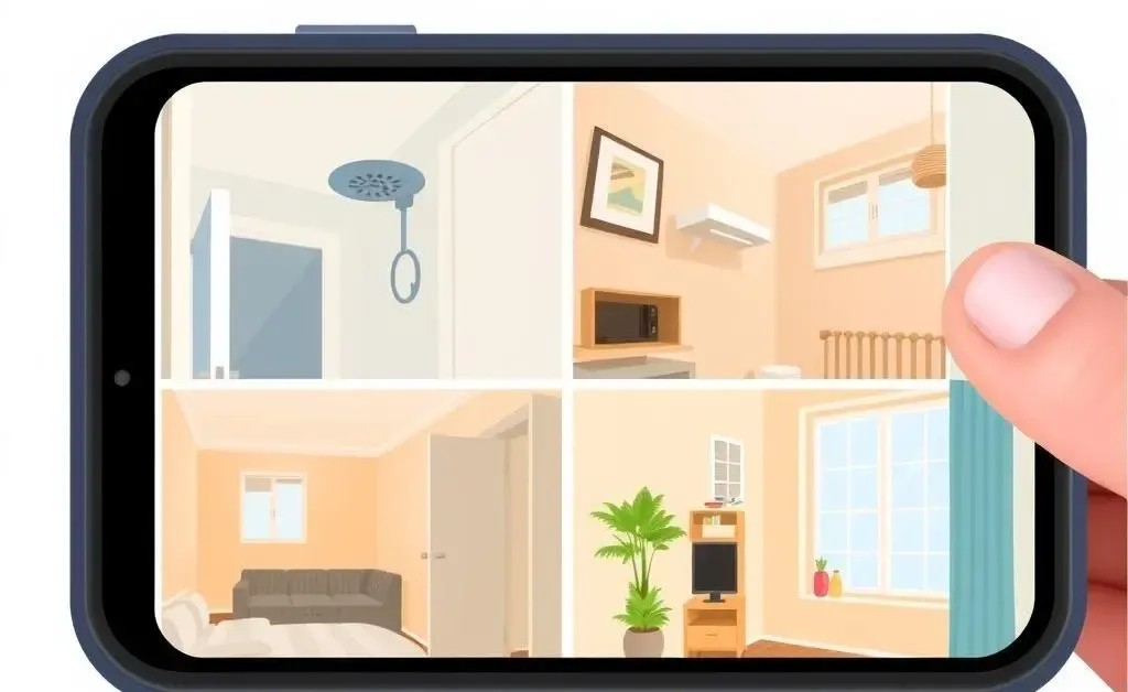 Illustration of close-up shots of apartment features like fixtures and windows, shown from a phone screen.