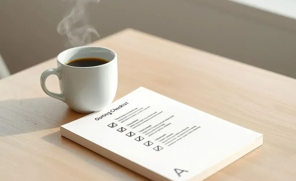 A minimalist checklist on a table beside a coffee cup, symbolizing daily habits.