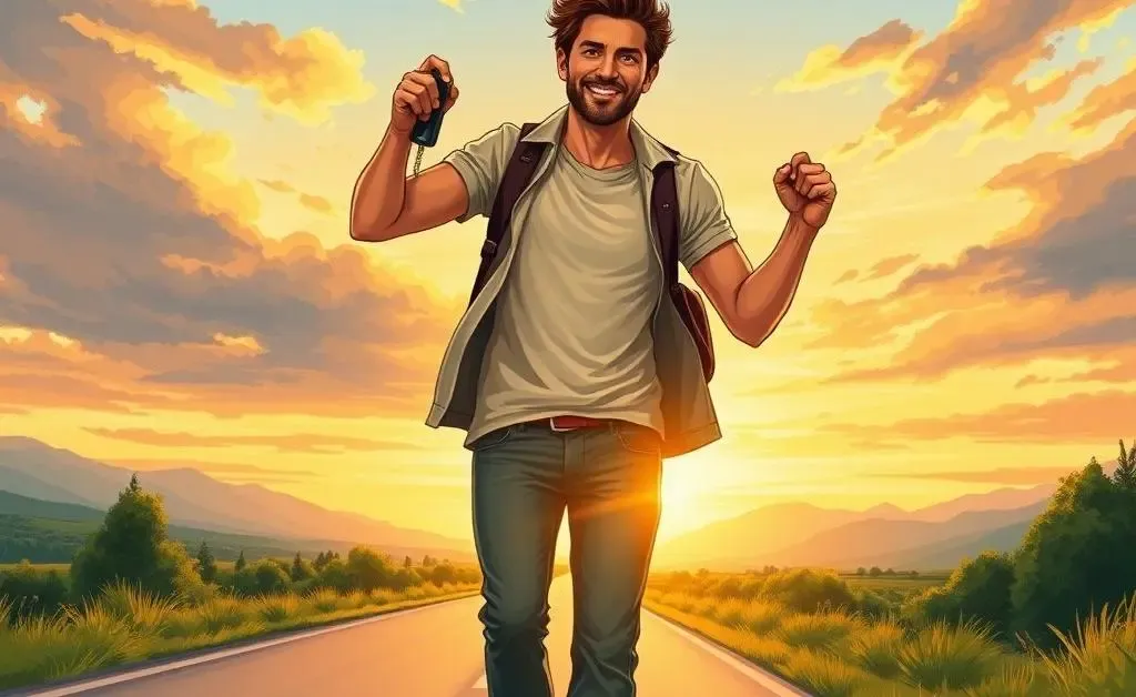 Illustration of a person confidently walking with a car key, feeling secure and adventurous.