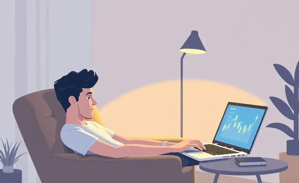 Illustration of a person sitting comfortably, monitoring crypto investments safely on a laptop.
