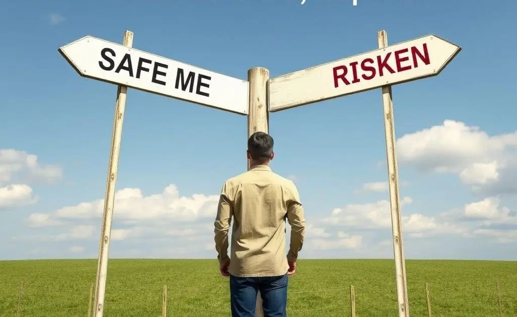 A person choosing between safe and risky financial decisions at a crossroads.