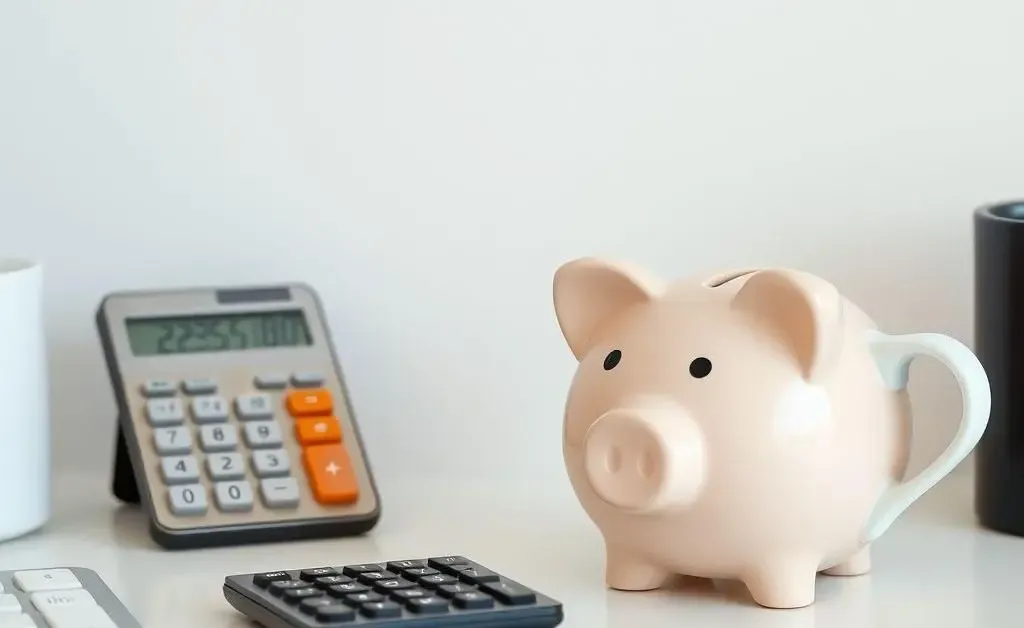 A minimalist desk setup with a piggy bank, calculator, and a coffee cup