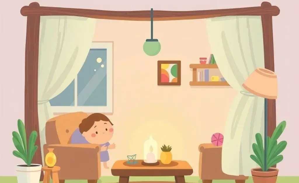 A cartoon illustration of a cozy home setting symbolizing a safe space.
