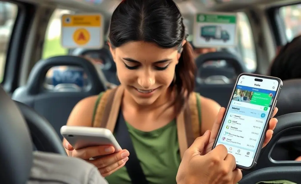 A traveler checking a transportation app on a smartphone with various safe transportation options.