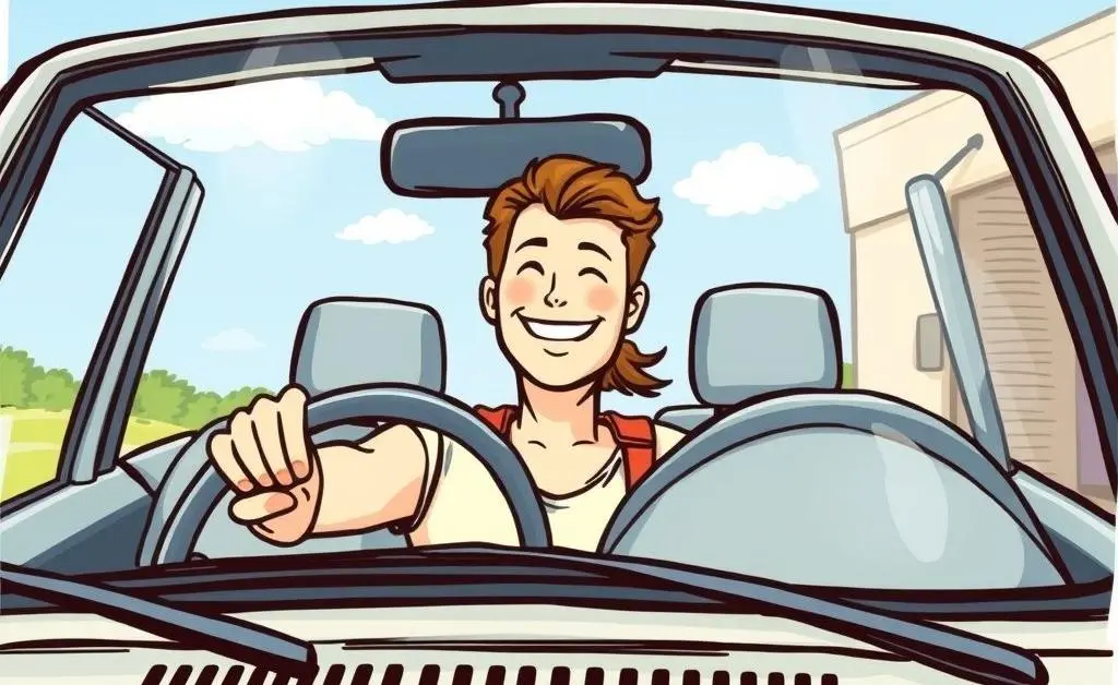Happy customer driving away in repaired car
