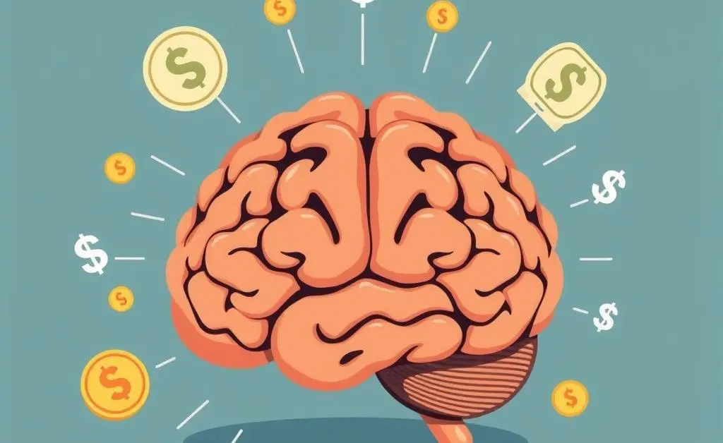 An artistic representation of a brain with savings symbols.