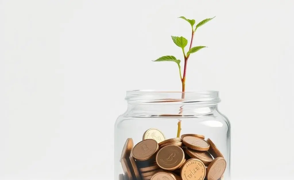 Glass jar with coins and a plant