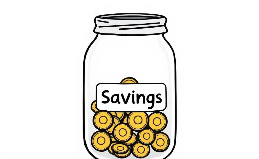 A minimalist cartoon drawing of a transparent jar filled with coins, labeled 'Savings'.