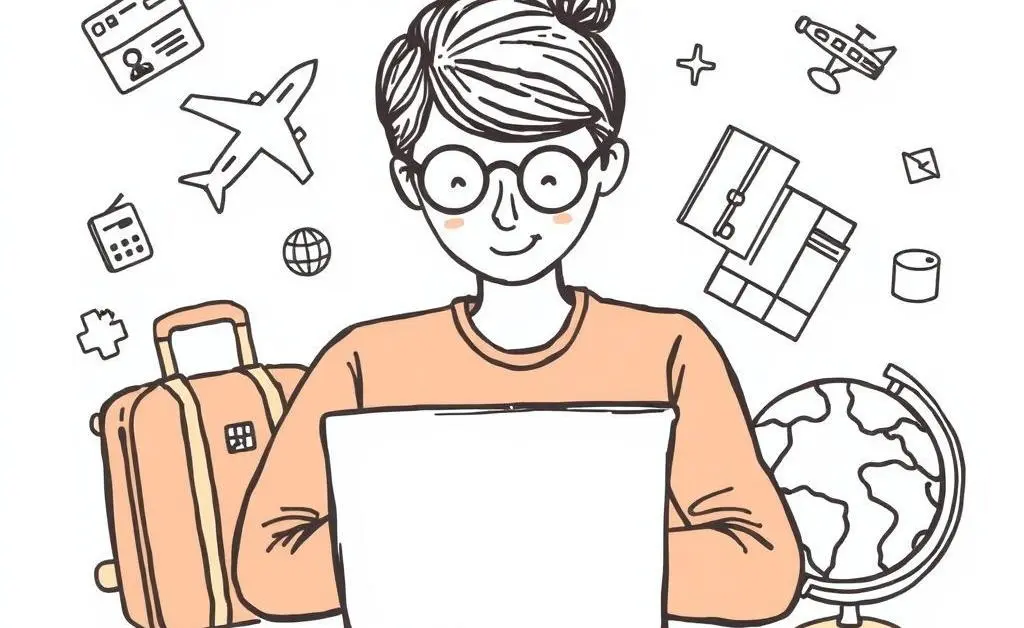 Hand-drawn illustration of a person booking a flight with a laptop, surrounded by travel-themed items like suitcase and globe.