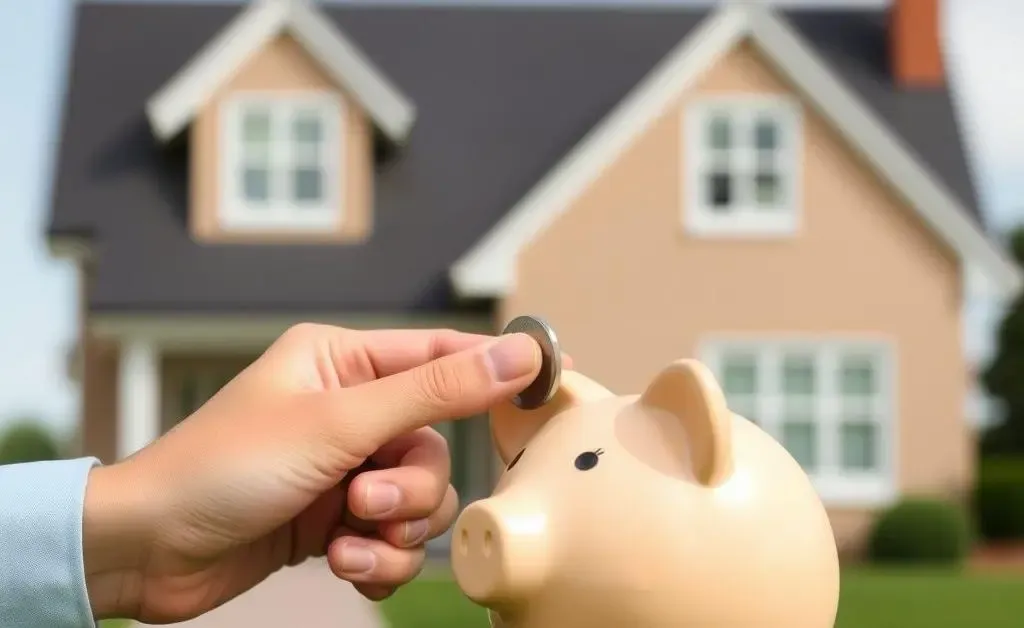 A hand placing a coin into a piggy bank with a home in the background