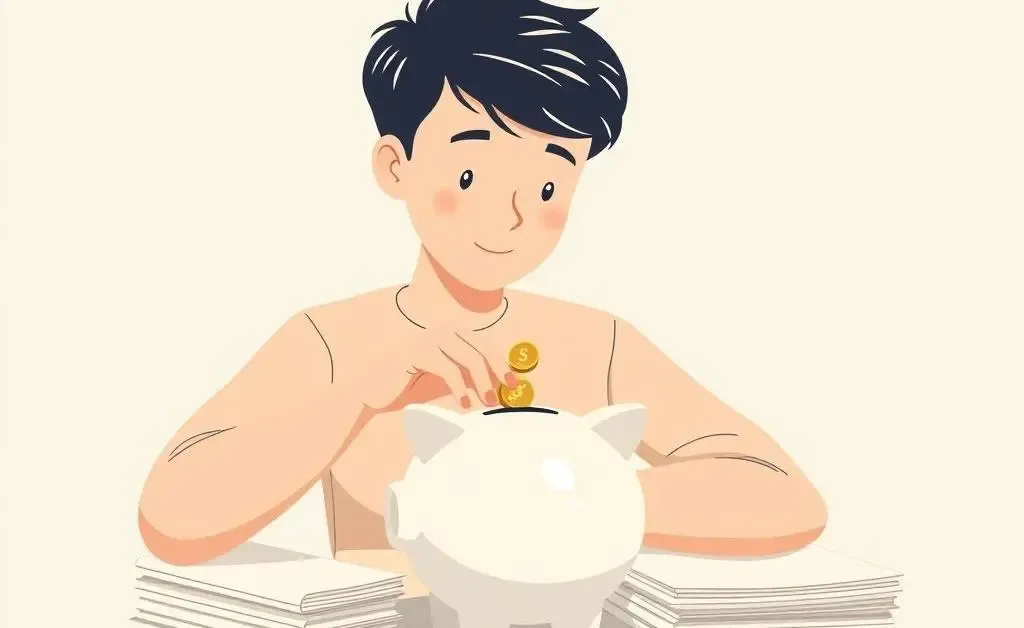 Illustration of a young driver saving money with a piggy bank