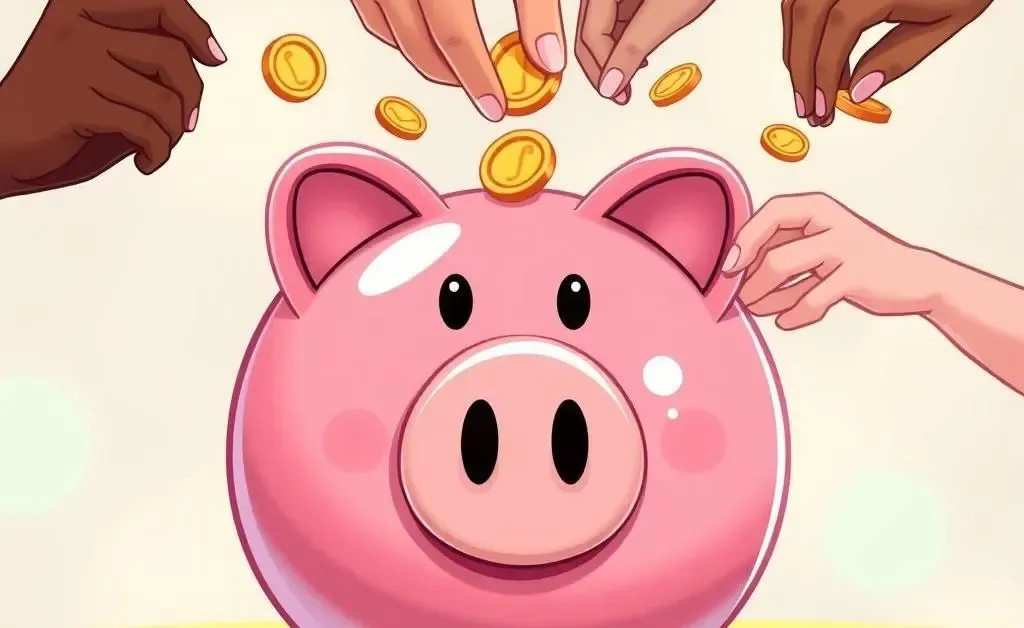 Piggy bank with coins being inserted by different hands