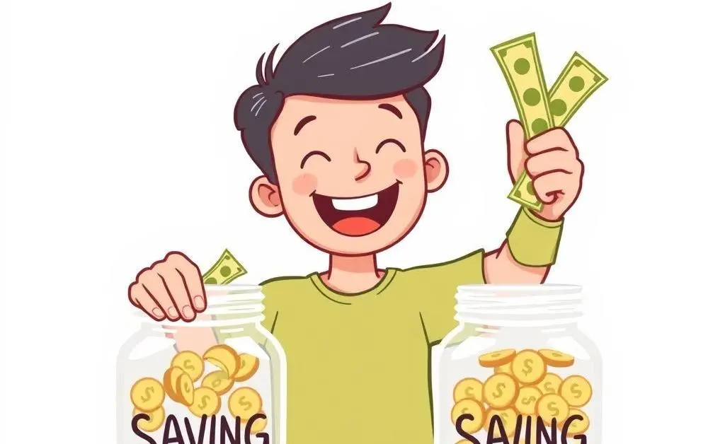 A clean cartoon showing a person joyfully putting money into savings jars.