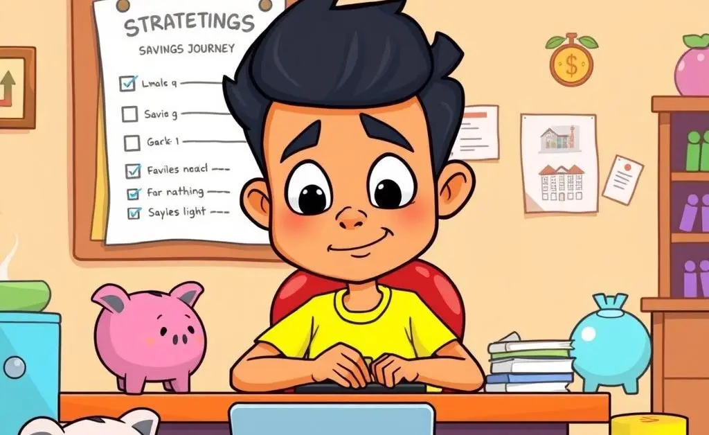 A cartoon-style illustration of a person planning savings with a checklist.