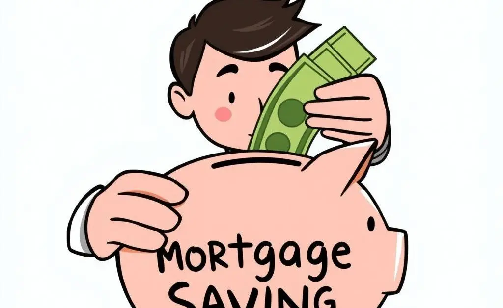 A person saving money in a piggybank labeled 'Mortgage Savings'.