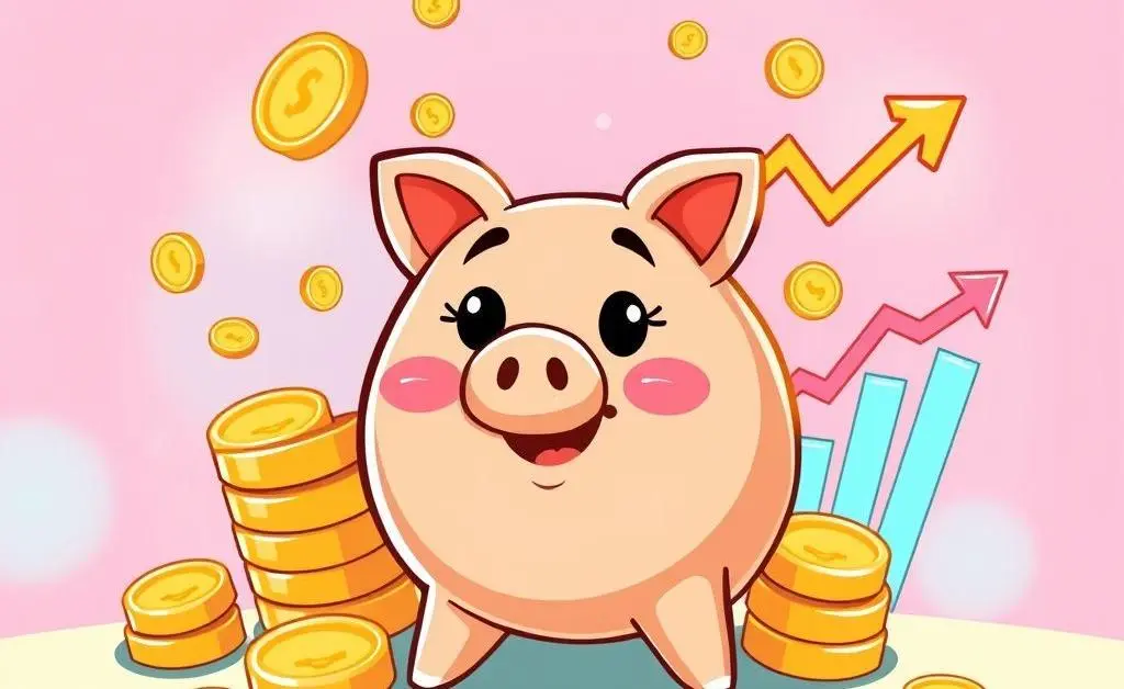 A growing piggy bank surrounded by coins and graphs.