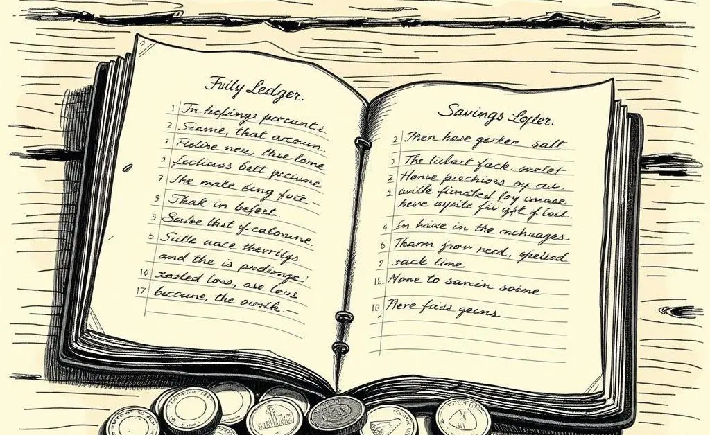 A hand-drawn image of a savings account book and coins.
