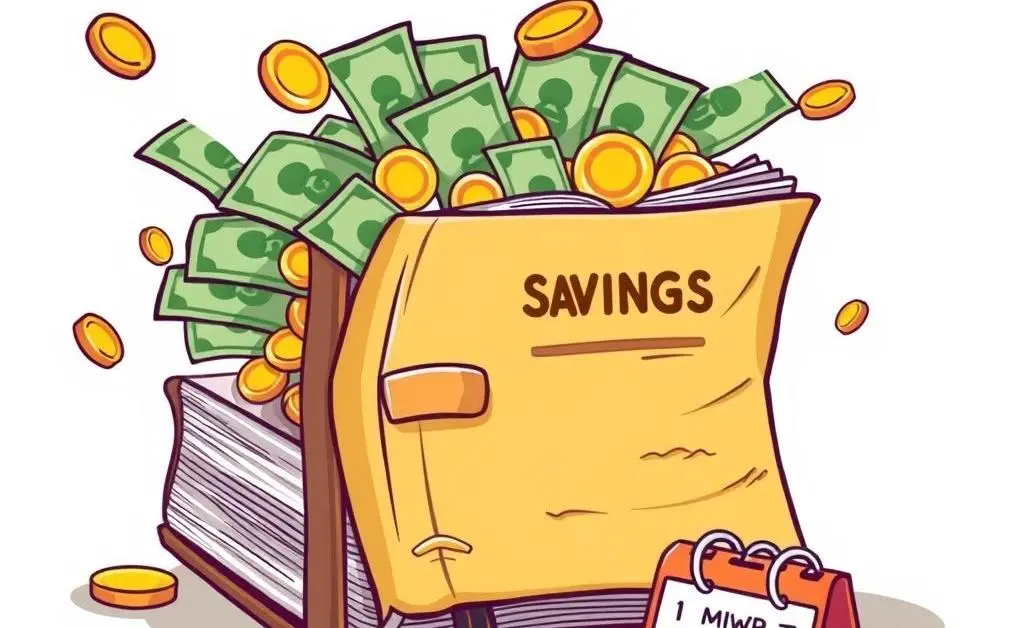 Savings account book with dollar bills and coins
