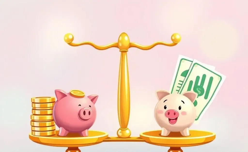 A cartoon balance scale with savings on one side and investments on the other.