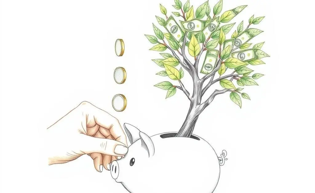 Hand-drawn image of a person adding coins to a piggy bank, with dollar bills sprouting into a tree.