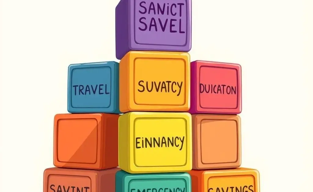 Artwork depicting blocks labeled with different savings goals being stacked up.