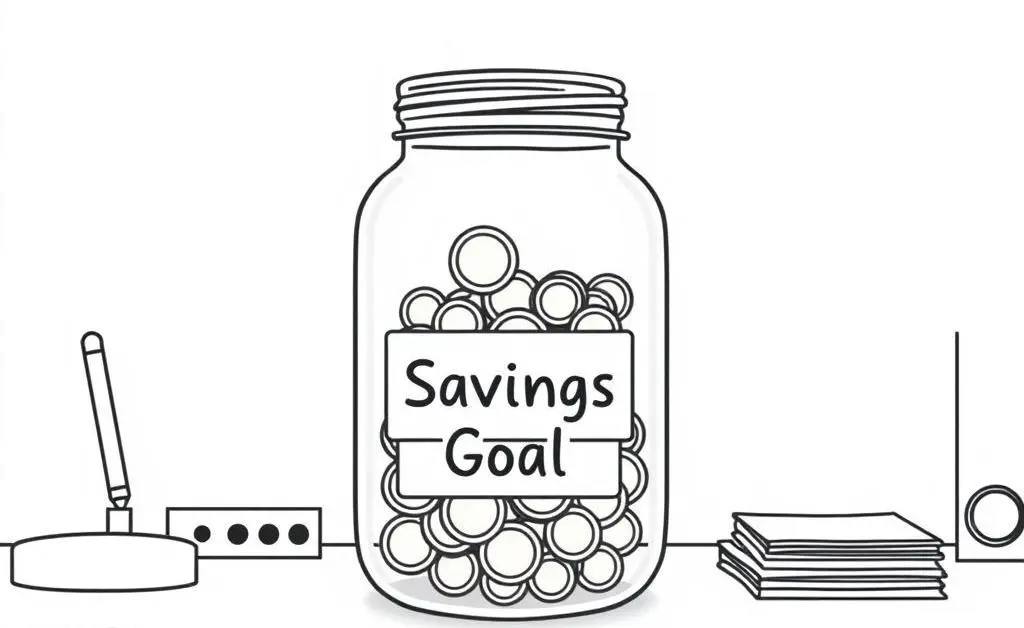 Savings goal jar filled with coins and bills