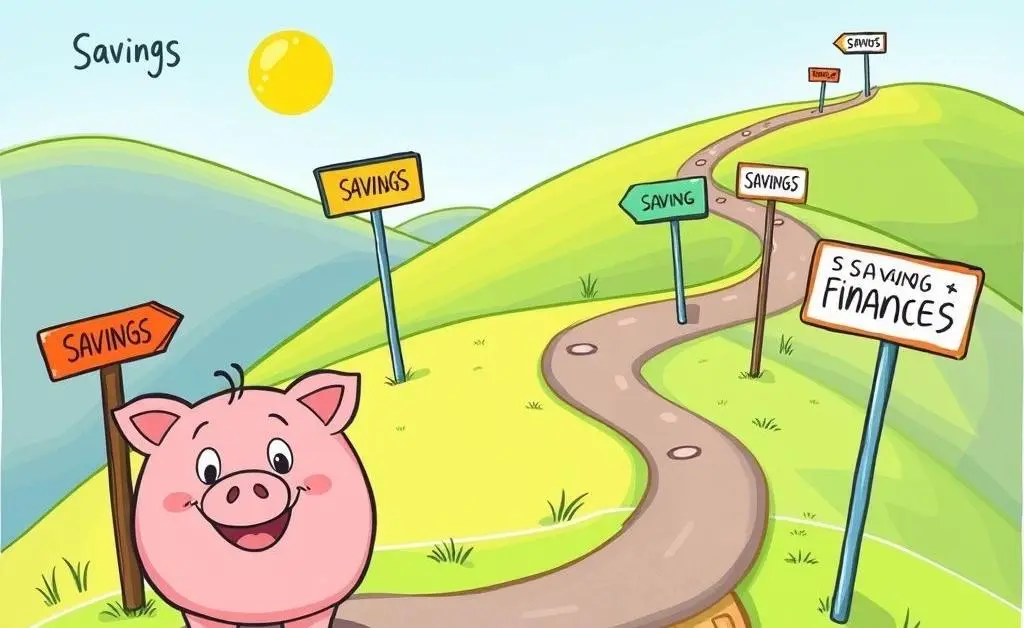 Cartoon-style image of a roadmap with savings goals marked along the way