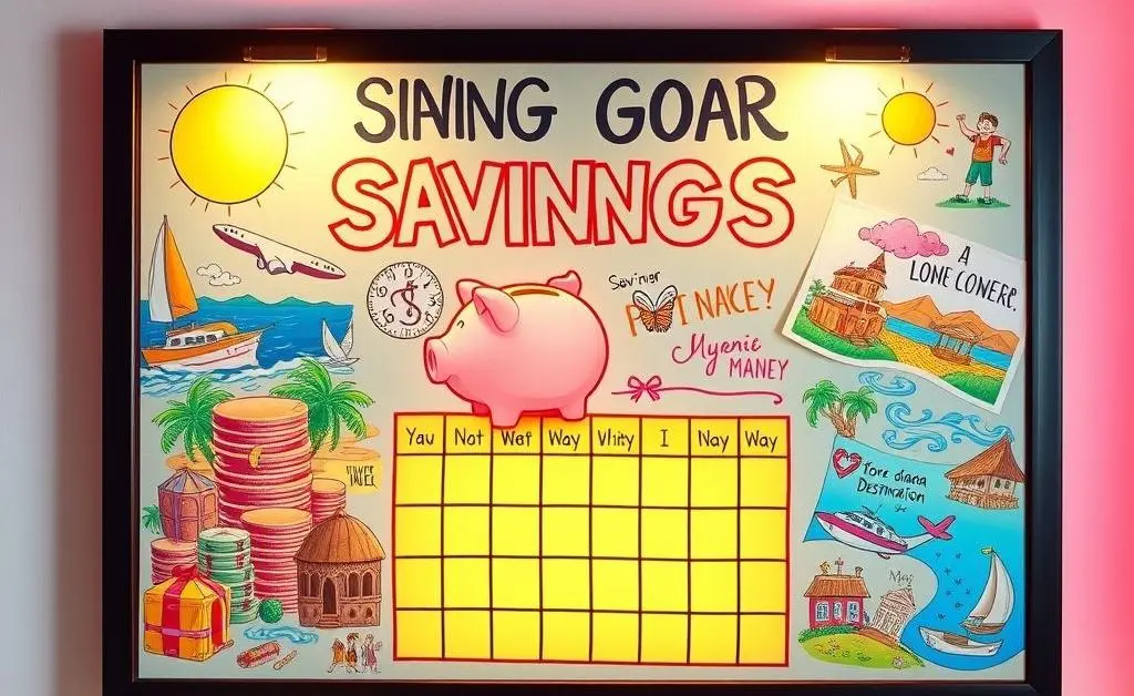 A vision board showing savings goals with motivating images