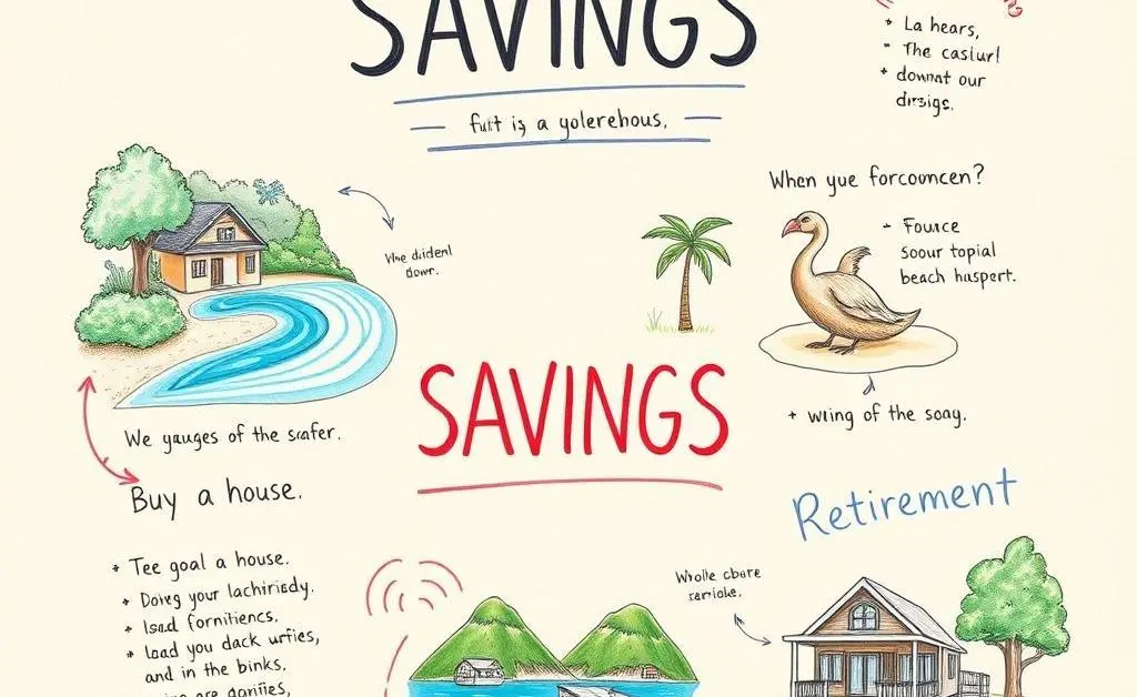 A hand-drawn style vision board with savings goals like buying a house, vacation, and retirement