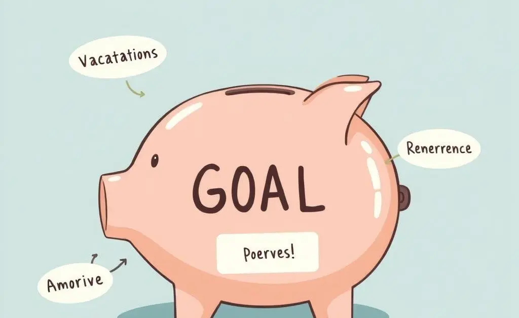 Illustration of a piggy bank with various goal labels like 'Vacations', 'Emergency Fund', and 'Retirement'.